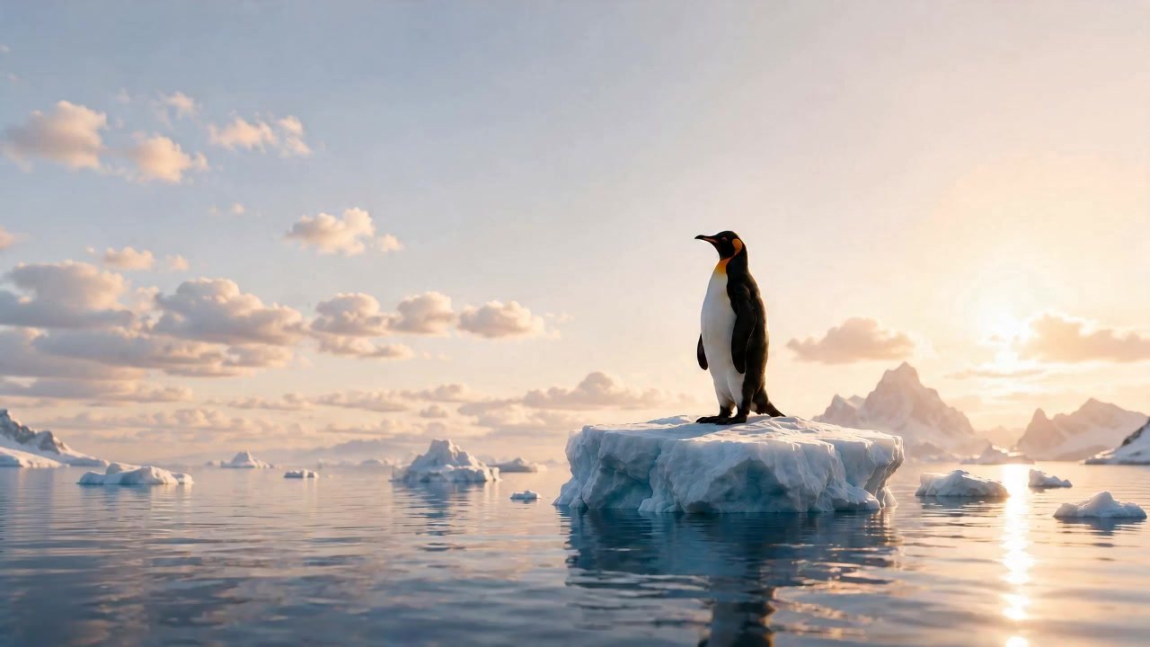 Pinguïn op een ijsschots bij zonsopkomst, beeldmerk van Pingwin, SEO bureau in Amsterdam